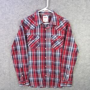 Levis Shirt Mens Medium Red Blue Plaid Western Pearl Snap Long Sleeve Modern